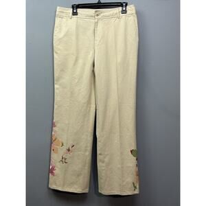 Dana Buchman Pants Womens 8 Beige‎ Floral Embroidered Wide Leg Cotton Casual